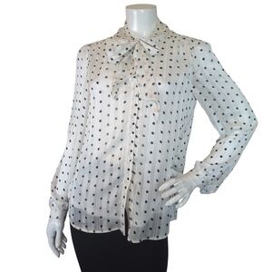 Vintage 70s Polka Dot Striped  Neck Tie Blouse Sheer Secretary Top